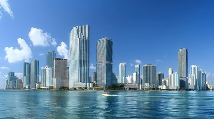 Naklejka premium Highlight the Miami skyline during a clear, blue-skied day, showcasing the city's modern architecture