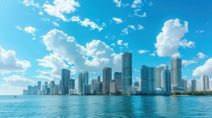 Obraz premium Highlight the Miami skyline during a clear, blue-skied day, showcasing the city's modern architecture