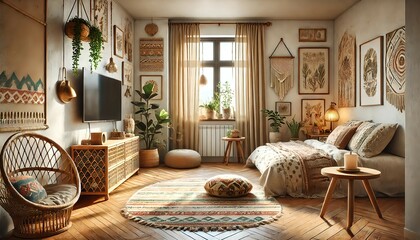 自然で調和の取れたボヘミアン風ワンルームインテリア　一人暮らしの部屋