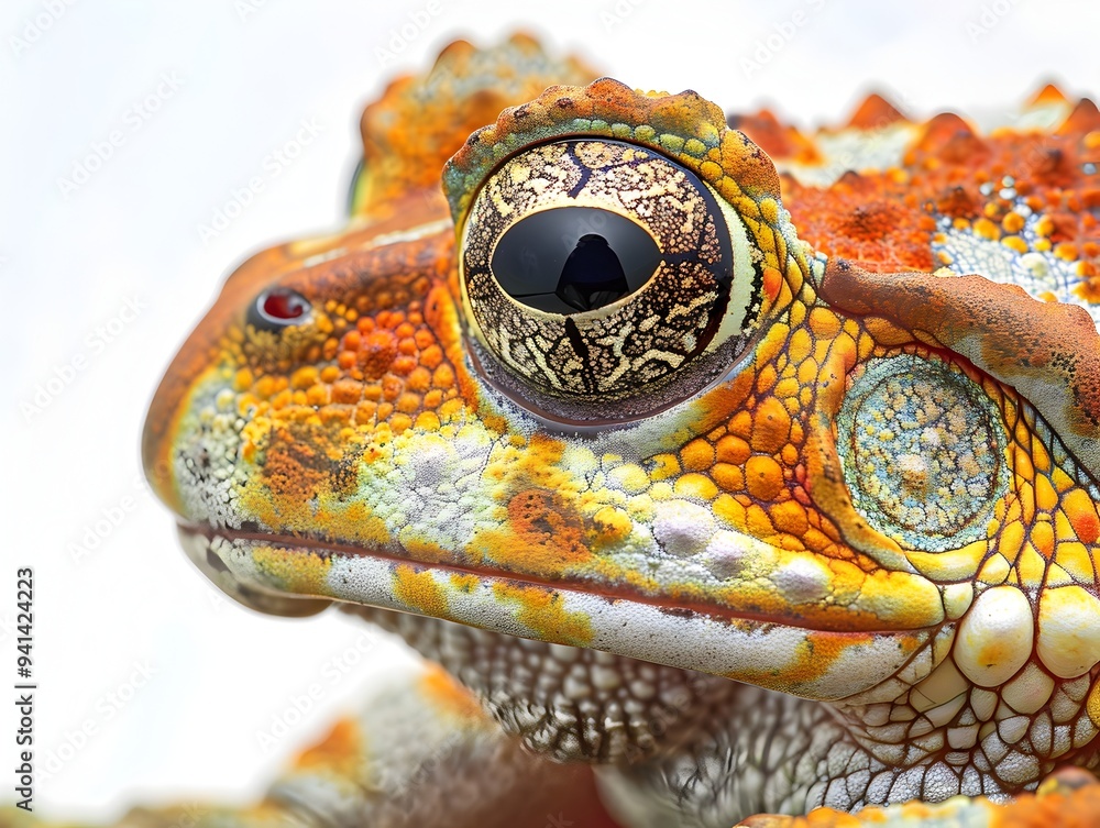 Poster vibrant frog skin close up with bumpy texture on isolated white background