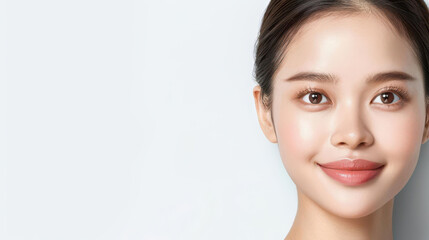 Fototapeta premium Beauty shot of an Asian model with clear, smooth skin, set against a white background, highlighting her youthful glow