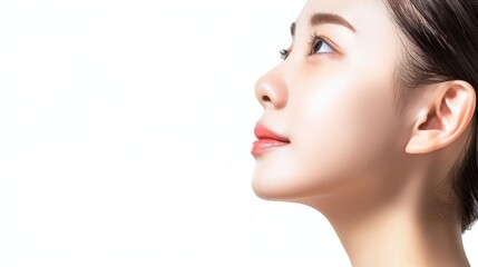 Fototapeta premium Beauty shot of an Asian model with clear, smooth skin, set against a white background, highlighting her youthful glow