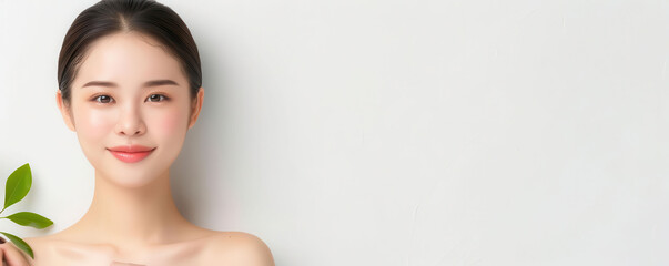 Naklejka premium Close-up of an Asian model with perfect skin and fresh complexion, on a white background, highlighting her natural beauty