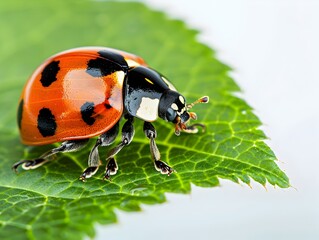Fototapeta premium Macro Shot of Ladybug on Green Leaf Focusing on Spotty Details and Texture