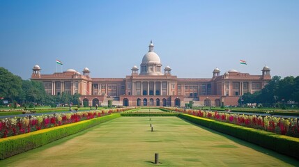 Fototapeta premium Rashtrapati Bhavan and Secretariat buildings in New Delhi, showcasing their grandeur and architectural significance in the capital.