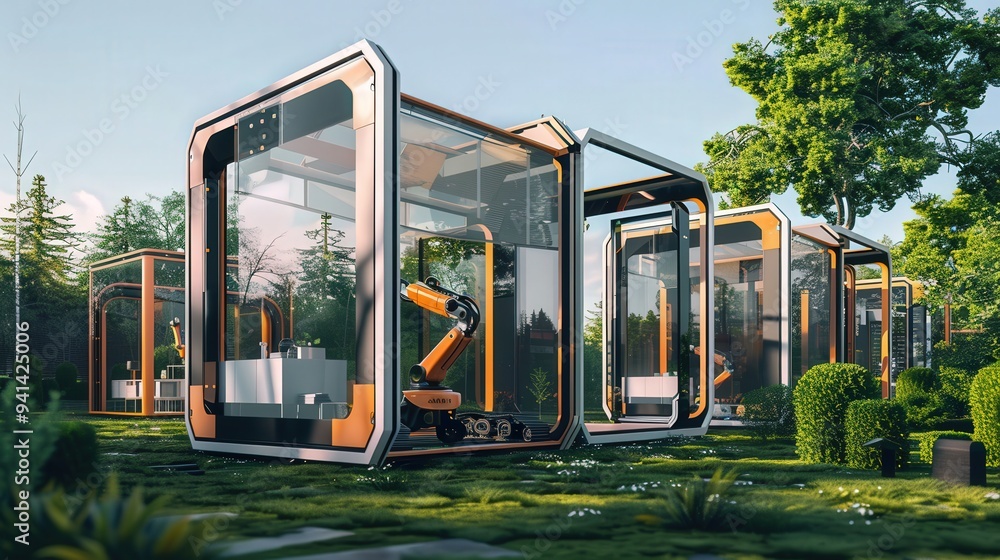 Poster robotic assembly of modular construction units, showcasing rapid deployment and scalability