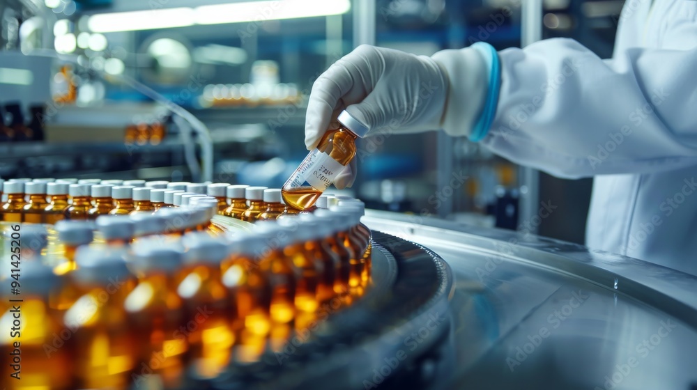 Poster in a pharmaceutical laboratory, a scientist is carefully handling a vial as part of health science a
