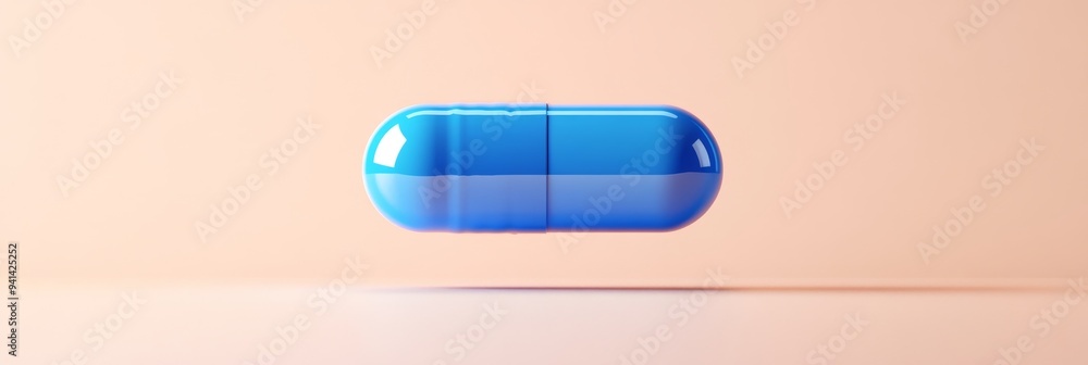 Poster a 3d simple style icon of a blue pill with a matte finish and clean lines floating against a neutral