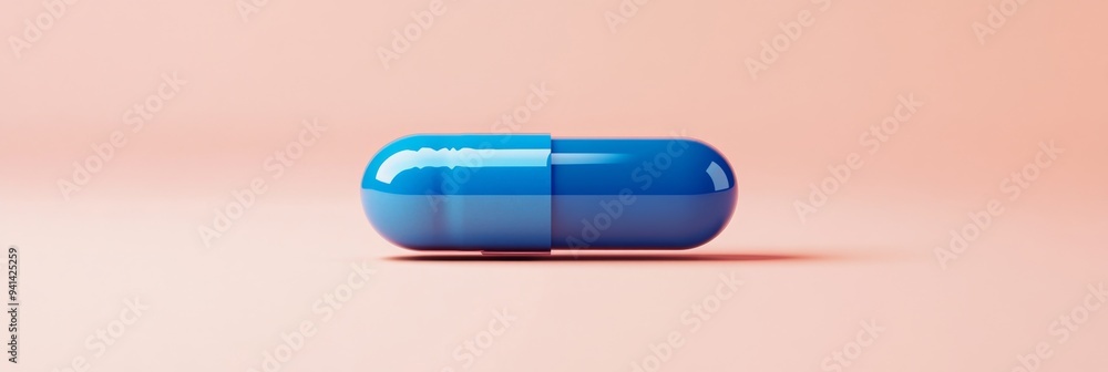 Poster a 3d simple style icon of a blue pill with a matte finish and clean lines floating against a neutral