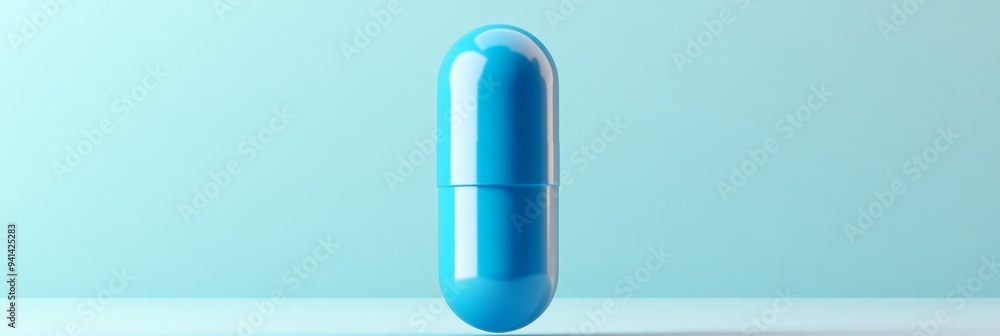 Poster a 3d simple style icon of a blue pill with a matte finish and clean lines floating against a neutral