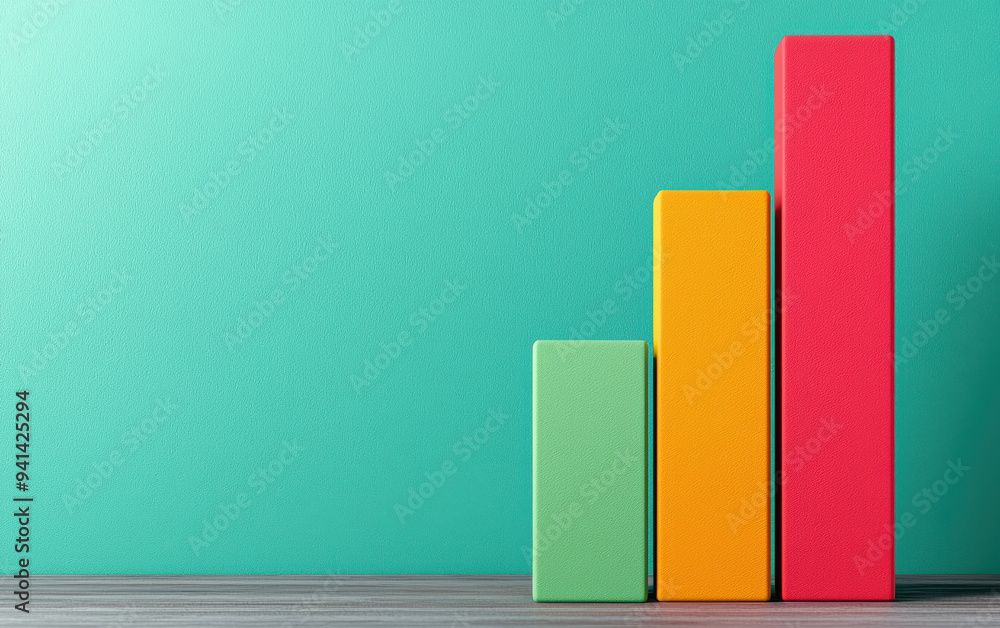 Poster colorful bar graph with three vertical bars on a teal background, representing data or business grow