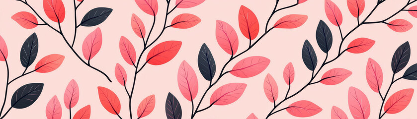 Fototapeta premium pattern of red and black leaves on a pastel background, perfect for textiles, wallpapers, and decorative designs.