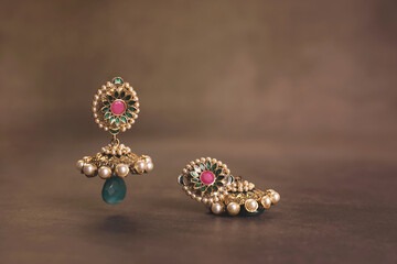 Indian Traditional Gold Earrings with white pearls	
