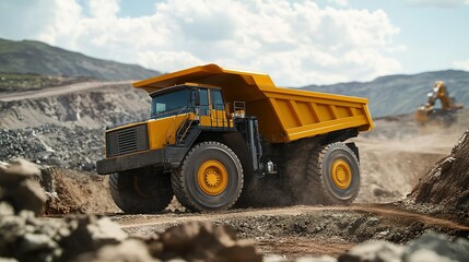 Obraz premium A large yellow dump truck transporting materials on a construction site surrounded by mountains on a sunny day