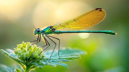 A green damselfly catches the sunlight on a leaf, embodying the grace of the natural world.