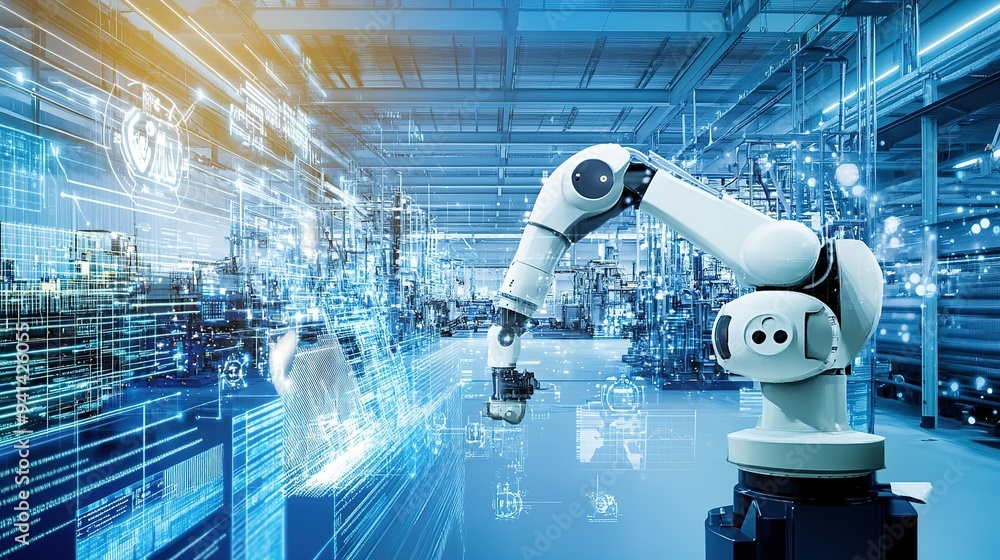Poster advanced robotic arm working in a high-tech manufacturing facility during the day with digital inter