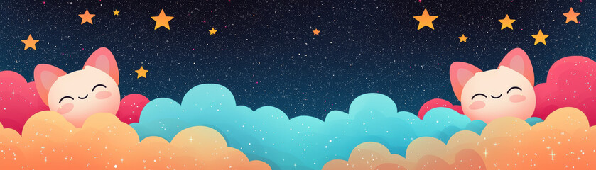 Fototapeta premium Adorable cartoon kittens peeking over colorful clouds with a starry night sky backdrop, conveying a sense of whimsy and wonder.