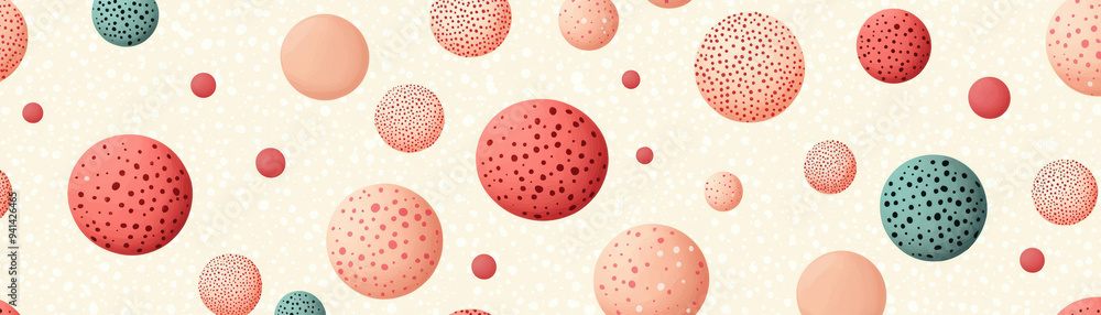 Poster abstract background with colorful polka dot patterns, featuring red and teal circles on a light beig