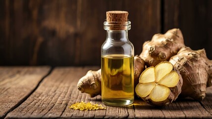 a small bottle of ginger essential oil isolated background