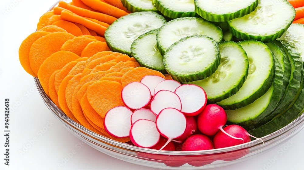 Canvas Prints an array of raw, freshly sliced vegetables including cucumbers, carrots, and radishes in a circular 