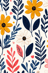 Seamless floral pattern with yellow, white flowers, and leafy branches on a soft beige background, perfect for textile or wallpaper design.
