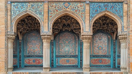 Obraz premium Ornate Islamic architecture with an arched entrance and mosaic tiles celebrates rich cultural heritage.