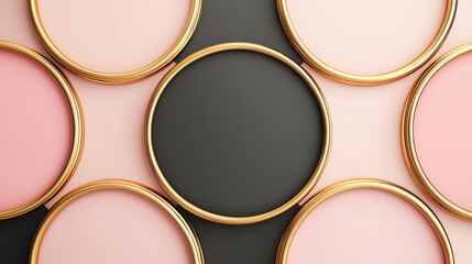 Abstract background with circular shapes in shades of pink and black, bordered by golden rings, creating a modern and elegant design.