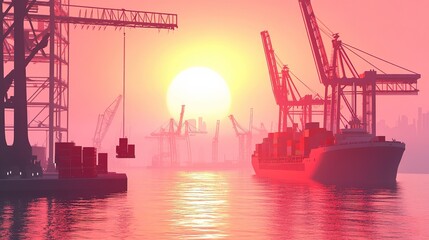 Obraz premium Sunset over a busy shipping yard with cranes and containers at the harbor on a calm evening