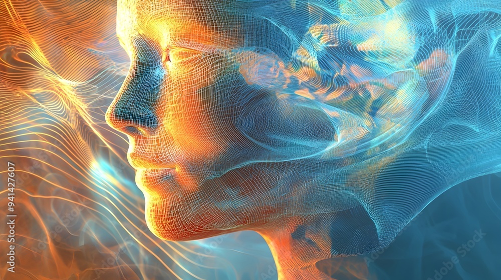 Poster captivating auditory portrait with fluid sound waves shaping facial features