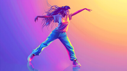 A vector illustration of a dancing Latin teen pop girl  that dressed a modern pop dancer , reggae Latin music girl audition , acting a dance post, on latin style theme background