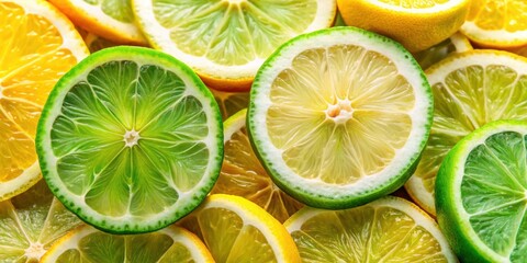Vibrant close-up shot of fresh lemon and lime slices , citrus, yellow, green, fruit, sour, slices, vibrant, fresh, healthy