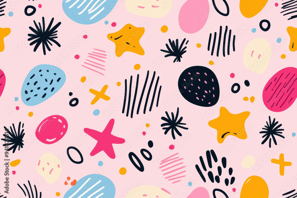 Poster colorful abstract background with various shapes and patterns on a pink backdrop. ideal for design, 