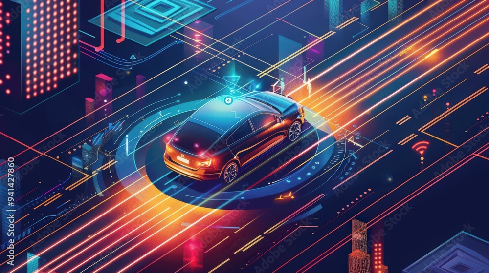 Poster illustrate the process of a self-driving car learning from real-time data and continuously improving