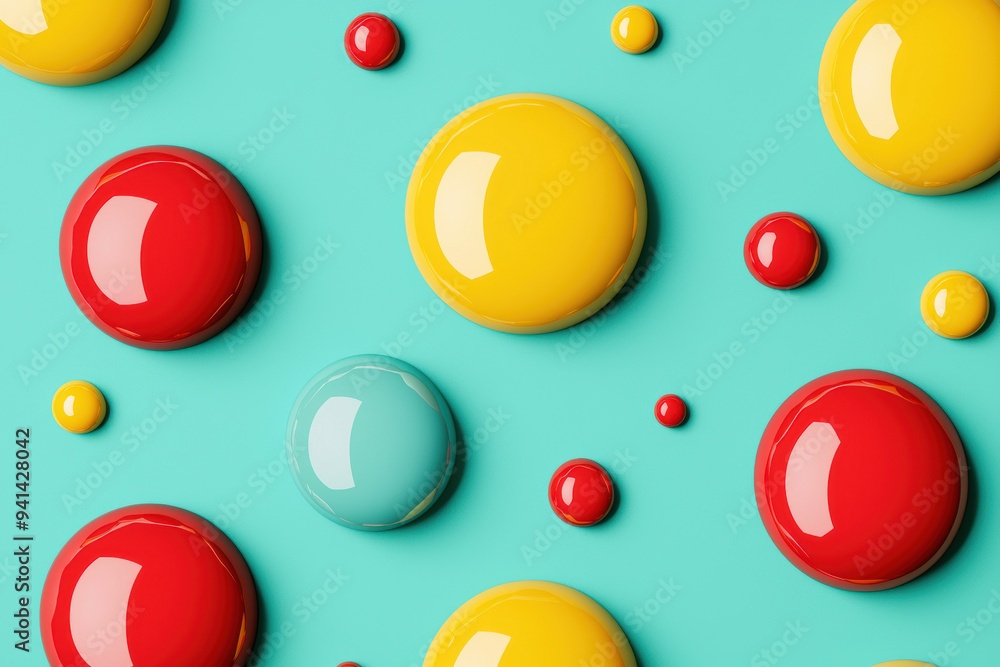 Poster colorful glossy circles on a turquoise background, creating a playful and vibrant abstract pattern w