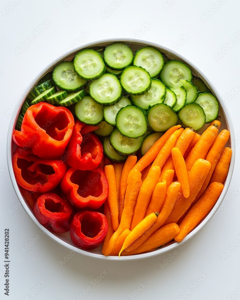 Poster A flat lay of a round container filled with freshly cut raw vegetables like bell peppers