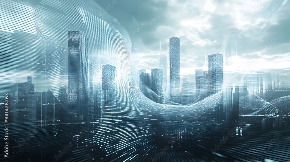 Poster futuristic digital skyline transformation with sound architecture design
