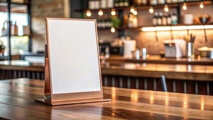 Two-sided blank menu display on a copper tabletop in a boutique coffee shop , menu, display, copper, tabletop, boutique