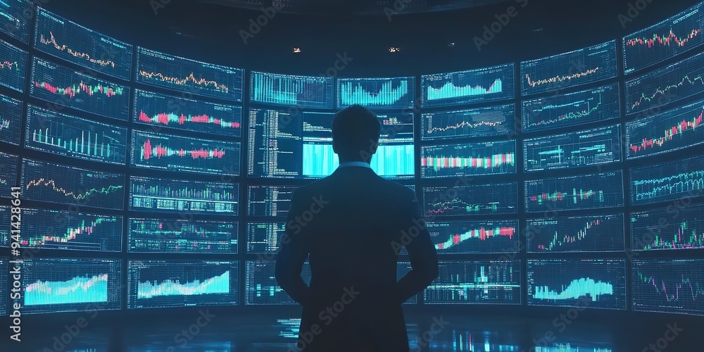 Poster man surrounded by screens displaying stock market graphs