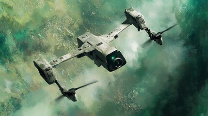 Naklejka premium A futuristic drone hovers above a vibrant landscape, showcasing advanced technology in an imaginative setting