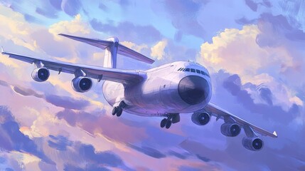 A large cargo plane flying through a vibrant sunset sky filled with colorful clouds creating a stunning visual display