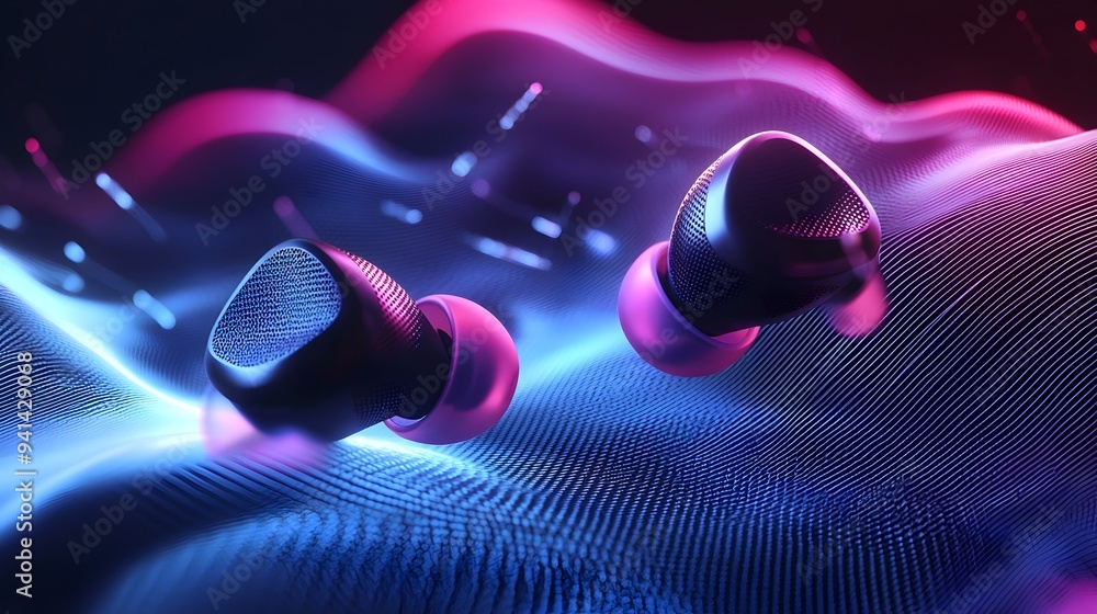 Poster pulsing high-tech earbuds with modern sound waves visualization