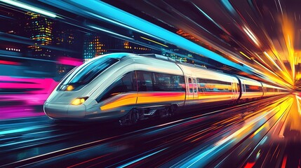 Fototapeta premium A high-speed train speeds through a vibrant cityscape at night, showcasing dynamic lights and energy in motion