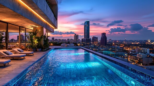 A rooftop infinity pool with a city skyline view at sunset creates a serene and luxurious retreat.