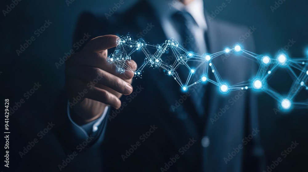 Poster integrating ai with blockchain technology and data encryption, a businessman enhances data science