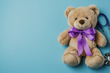 Obraz premium Teddy Bear with Purple Bow and Stethoscope on Blue Background