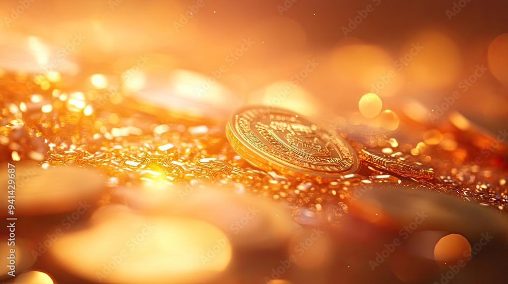 Poster a close-up view of glittering coins bathed in warm light, creating an enchanting atmosphere of wealt