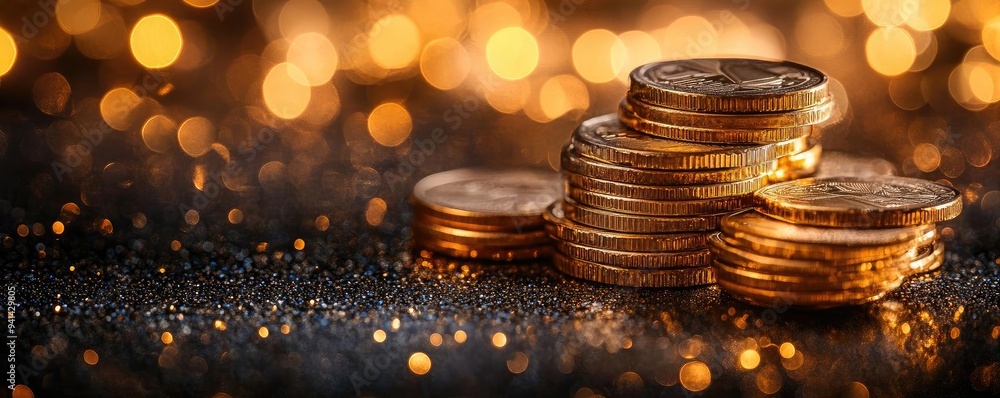 Poster a close-up of shiny gold coins stacked on a dark surface, illuminated by a beautiful bokeh effect of