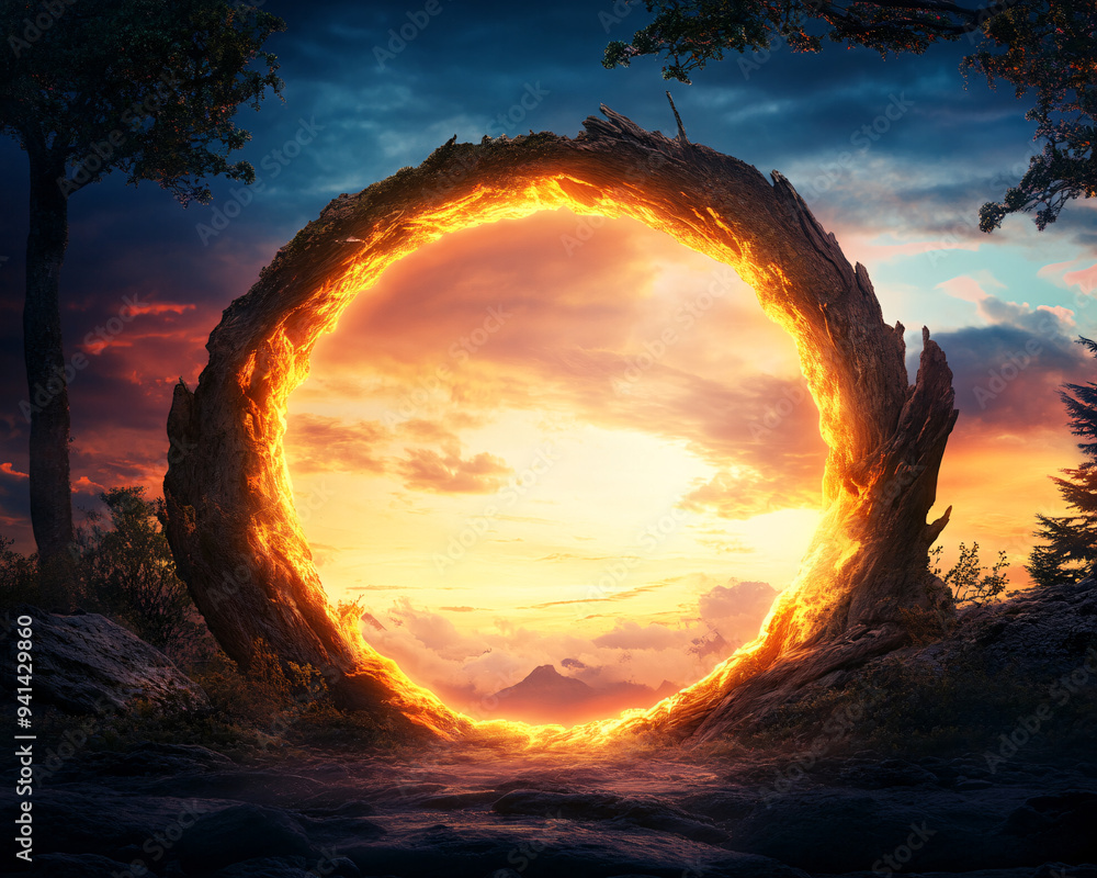 Wall mural a large, glowing circle in the middle of a forest. the circle is surrounded by trees and rocks, and 