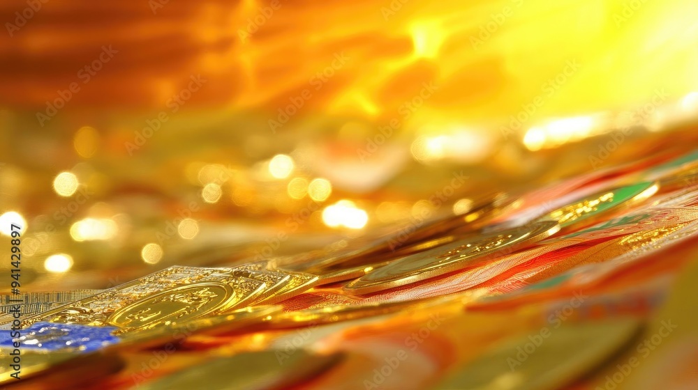 Poster a shimmering surface of golden coins reflecting light, creating a captivating and luxurious visual e