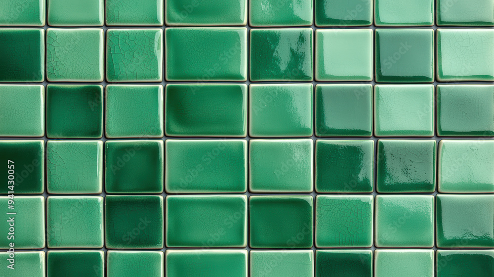 Poster green ceramic tiles arranged in a grid pattern, creating a vibrant and modern wall or floor texture 